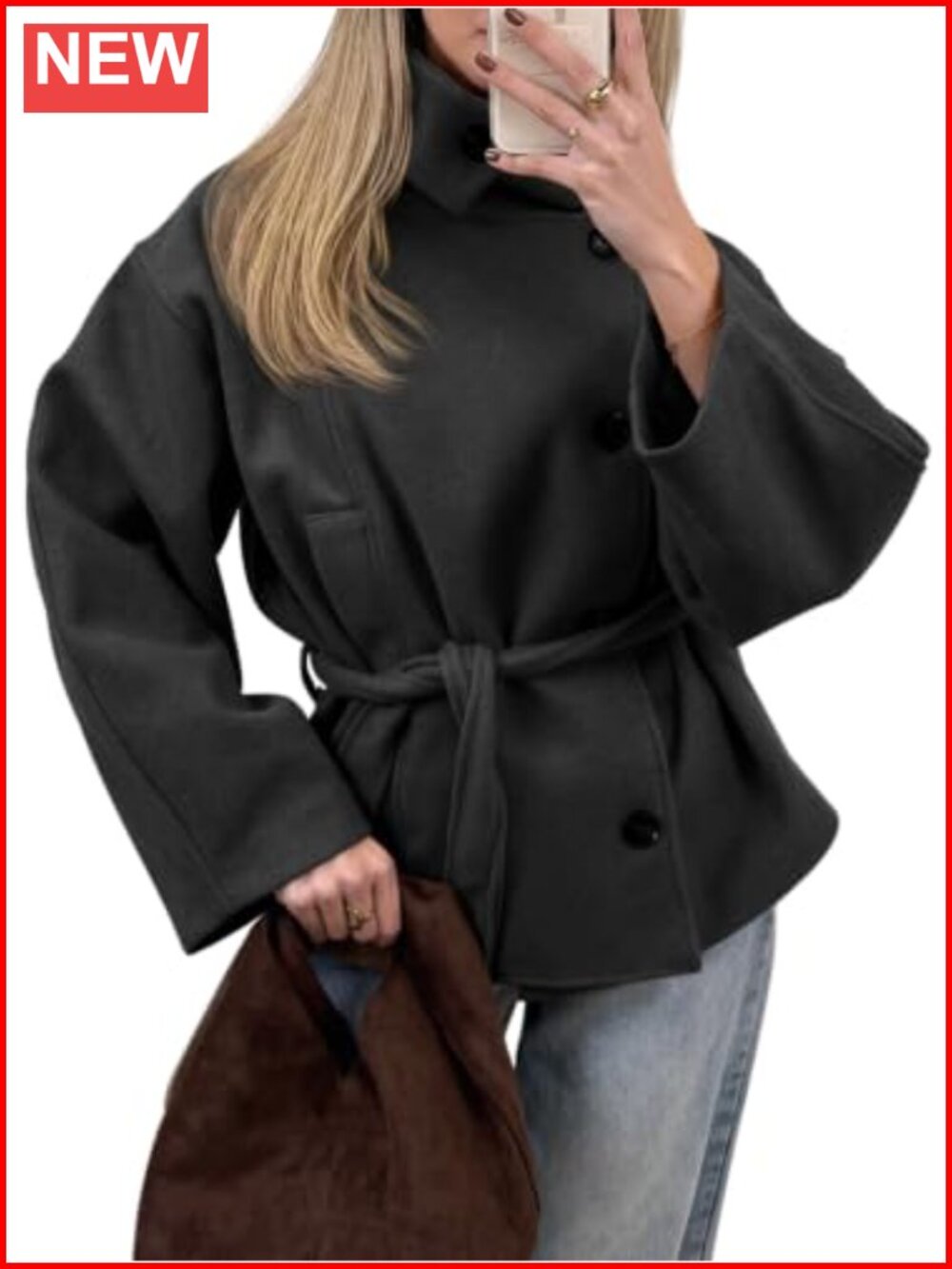 Wool Blend Cropped Pea Coat with Detachable Belt Winter Jacket
